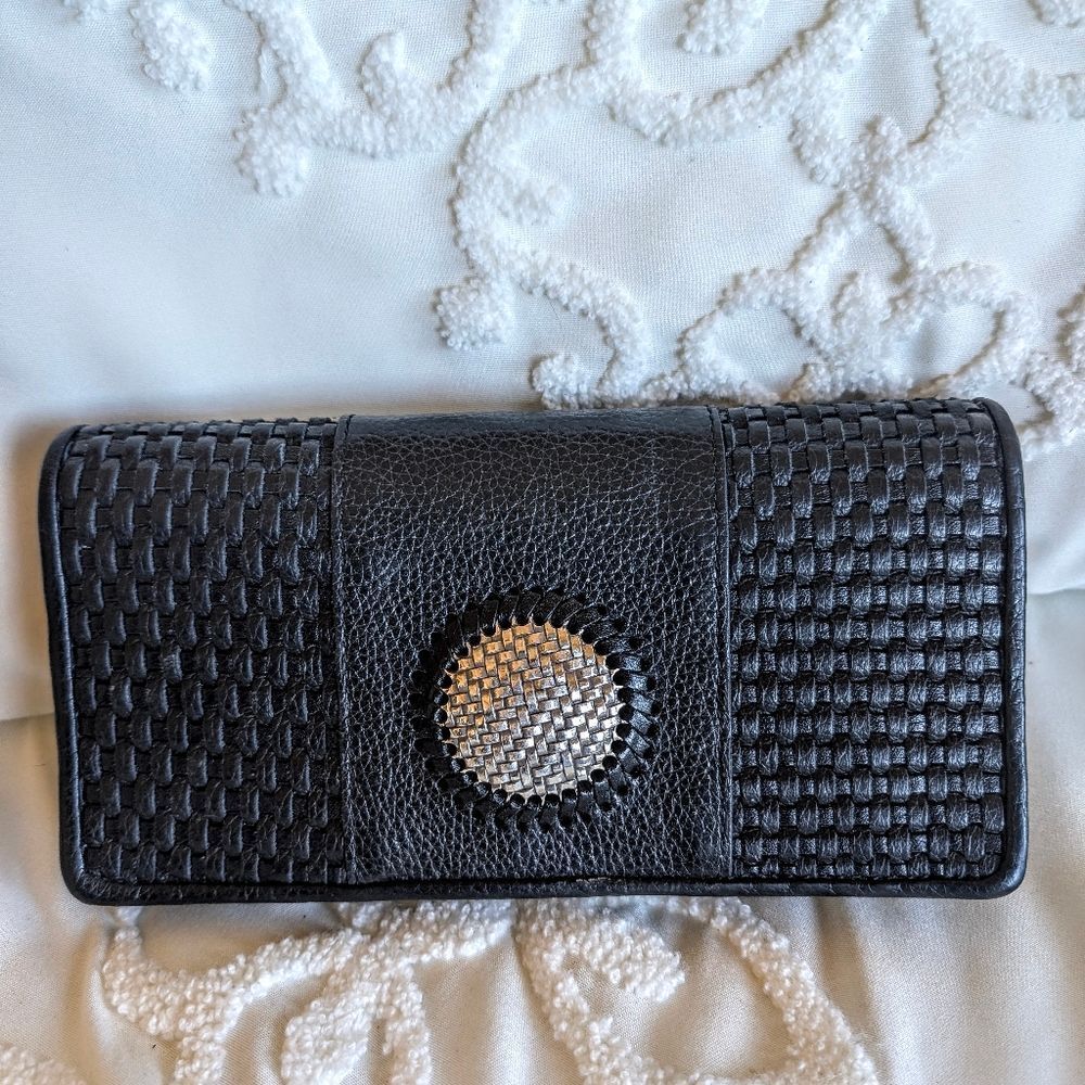 Brighton Talana Large Slim Wallet Woven Black Leather With Silver Medallion NWOT